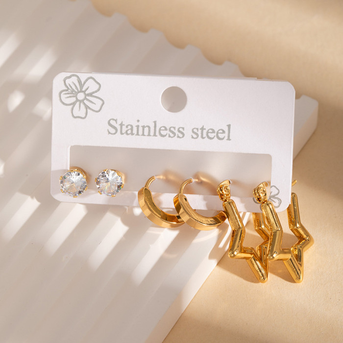 Korean Style High-End Stainless Steel Earring Set Exquisite Zircon Small Stud Earrings Non-Fading Hoop Earrings Ear Jewelry
