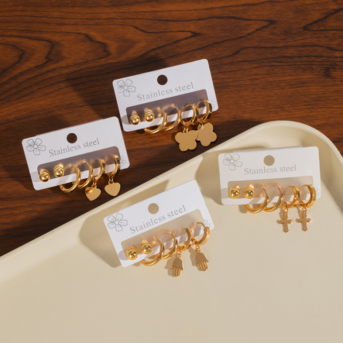 Stainless Steel Earrings Cross-Border European and American Flower Note Butterfly Earrings Suit Ear Ring Love Titanium Steel Ear Studs Female Earrings