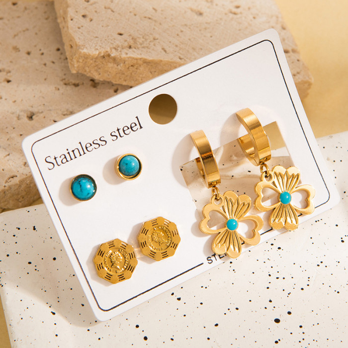 Stainless Steel Earring Set Vintage Pattern Earrings Zircon Heart Studs French Non-Fading Earrings Pearl Ear Jewelry