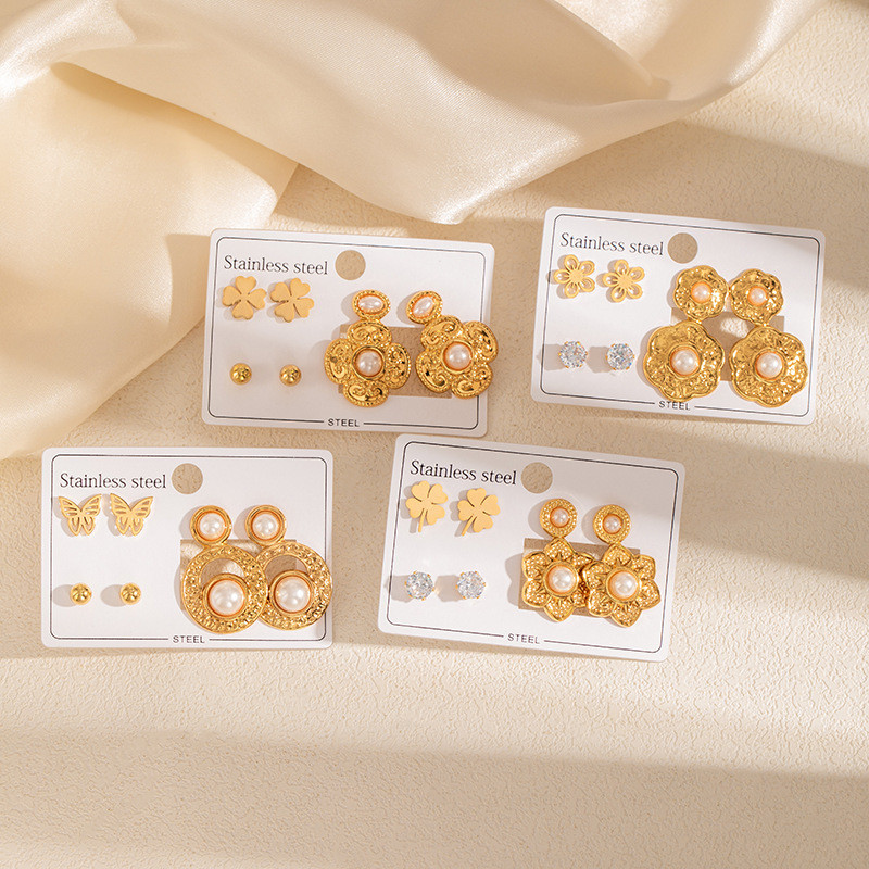 Stainless Steel Earring Set Vintage Pattern Earrings Zircon Heart Studs French Non-Fading Earrings Pearl Ear Jewelry