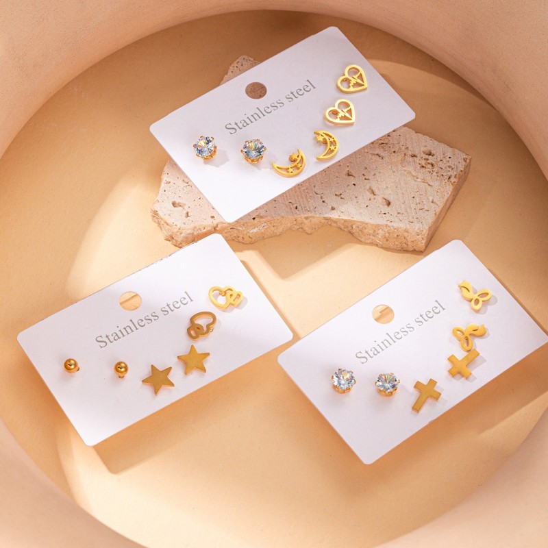 Korean Style Small Earrings Heart Moon Butterfly Cross Earrings Titanium Steel Earrings Stainless Steel Earrings Zircon Set