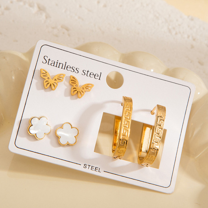 Shower-proof Stainless Steel Earrings Cross-border Hot-selling Earring Set Heart Clover Earrings Korean Style Earrings for Women