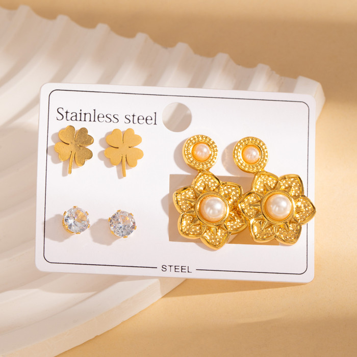 Stainless Steel Earring Set Vintage Pattern Earrings Zircon Heart Studs French Non-Fading Earrings Pearl Ear Jewelry
