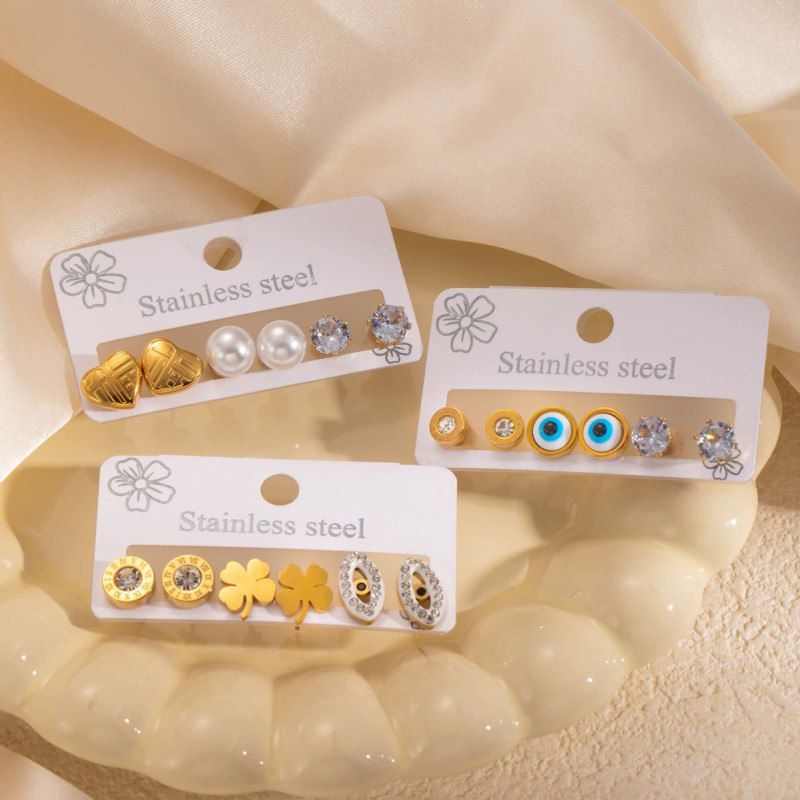 Stainless Steel Earrings Set Gold Color Love Heart Zircon Earrings Devil Eye Ear Jewelry Pearl Stud Earrings High Quality Earrings