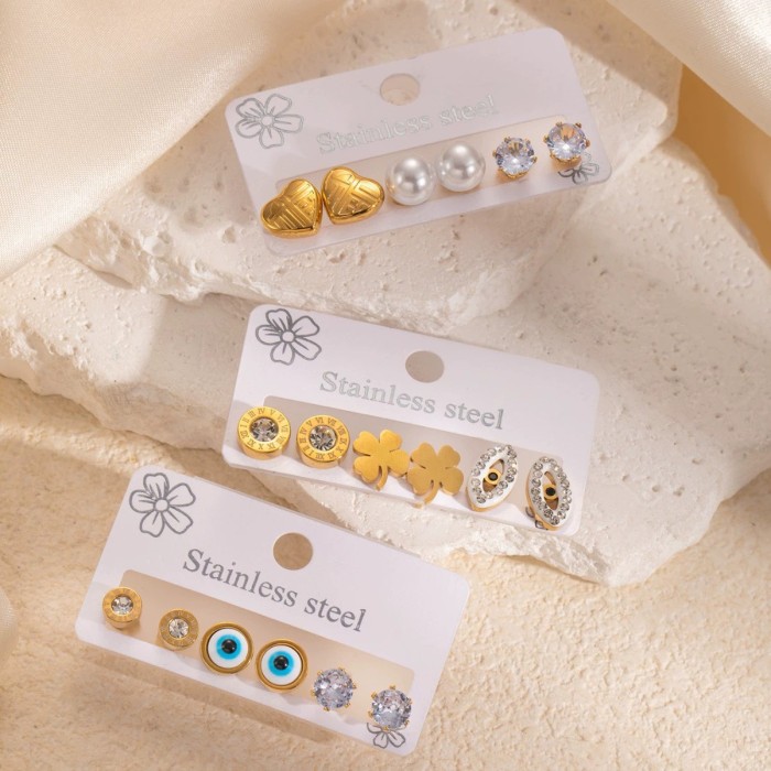 Stainless Steel Earrings Butterfly Zircon Stud Earrings Set Three Pairs Clip-on Hoop Earrings Pearl Heart Pendant Gold Bean Earrings
