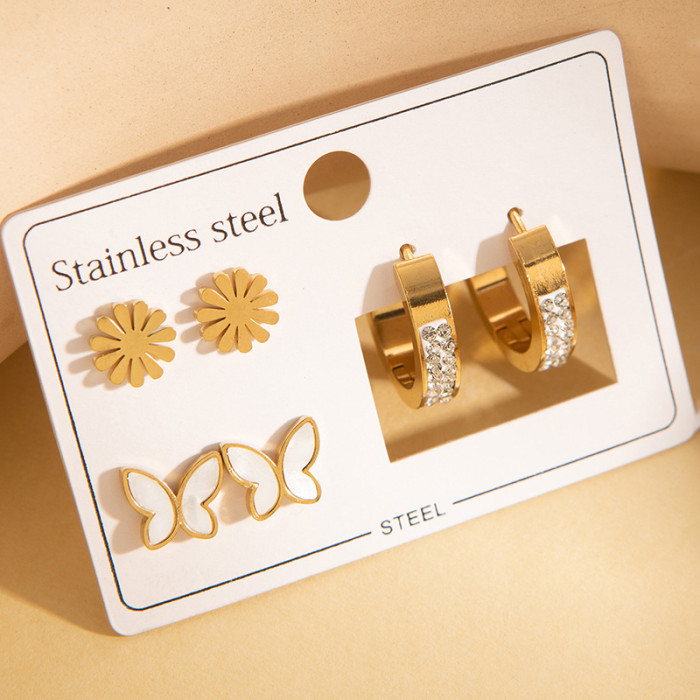 Stainless Steel Earring Set Four-leaf Clover Roman Numeral Stud Earrings Devil's Eye Stud Earrings Titanium Steel 18k Gold Plated Earrings