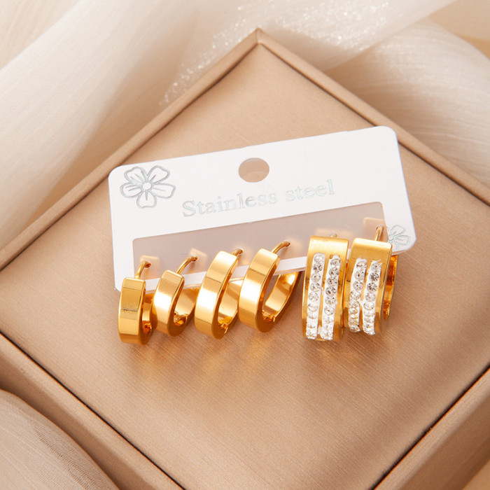 304 Stainless Steel Earrings Golden Set Non-Fading High-Grade Earrings 3 Pairs Set Ear Clover Butterfly Studs