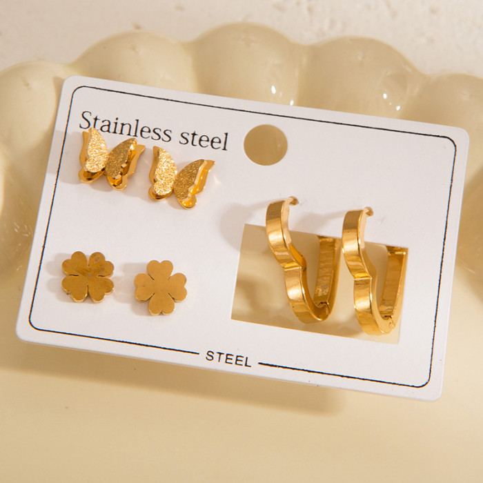 Stainless Steel Earring Set Vintage Pattern Earrings Zircon Heart Studs French Non-Fading Earrings Pearl Ear Jewelry