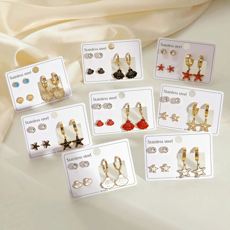 Shell Starfish Stainless Steel Earrings Light Luxury High-Grade Special Interest Earrings Gold-Plated Summer Marine Style Titanium Steel Earrings