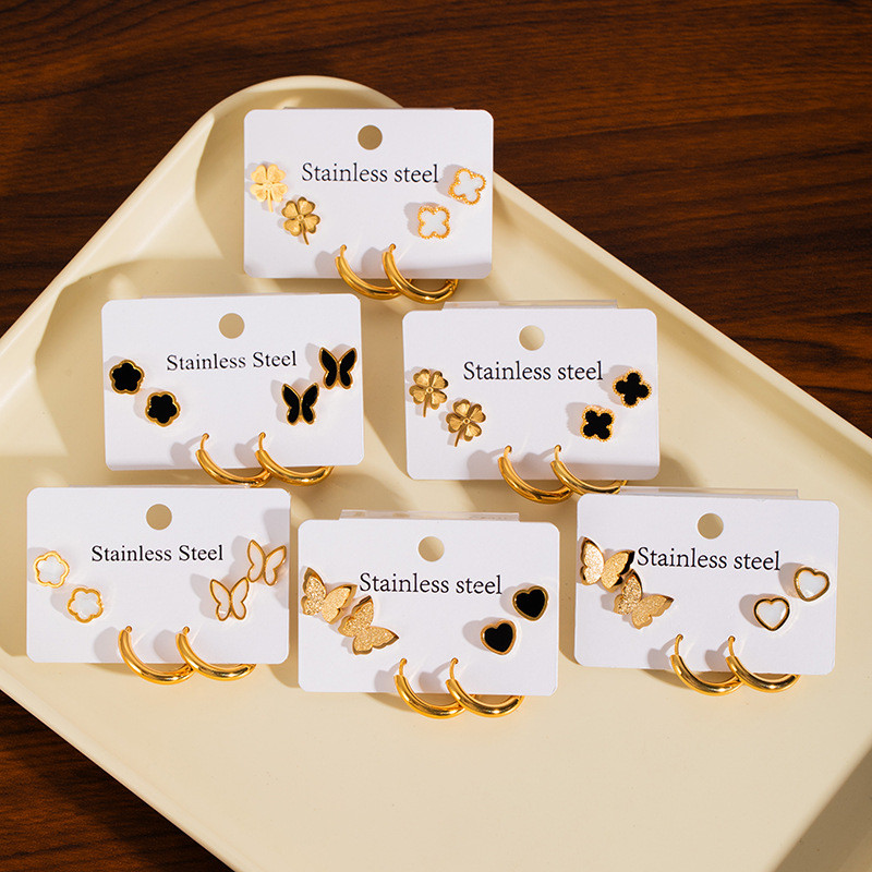 Stainless Steel Earring Set Fashion Four-Leaf Clover Stud Earrings Butterfly Five-Petal Flower Earrings Gold Earrings Non-Fading Ear Jewelry