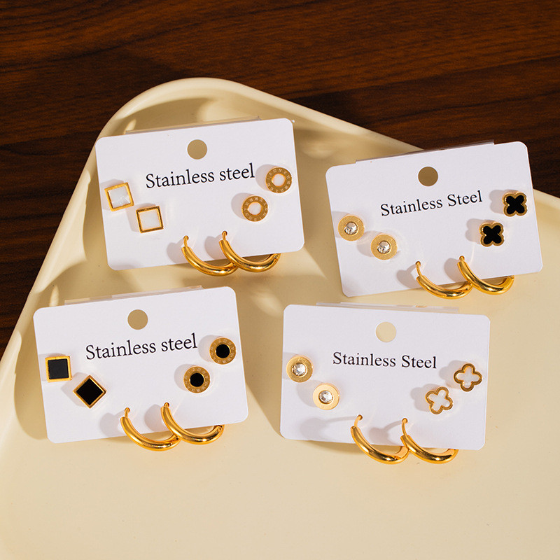 Stainless Steel Earring Set Fashion Four-Leaf Clover Stud Earrings Butterfly Five-Petal Flower Earrings Gold Earrings Non-Fading Ear Jewelry