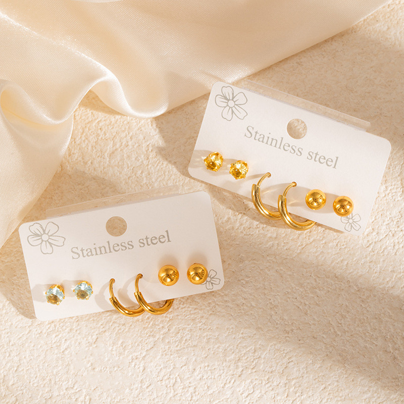 Small Ear Studs Suit Stainless Steel Earrings Do Not Fade Golden Bean Ear Studs Colorful Zircon Earrings round Earrings 3 Pairs