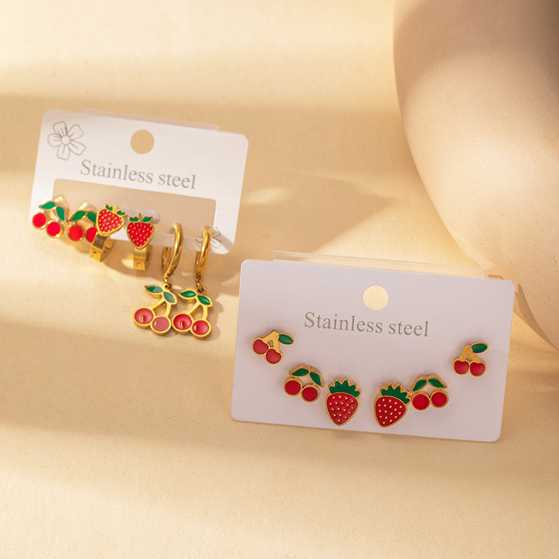 Summer Colorful Strawberry Cherry Earrings Stainless Steel Earrings Oil Drop Earrings Three-Pair Earring Set Sweet Small Earrings