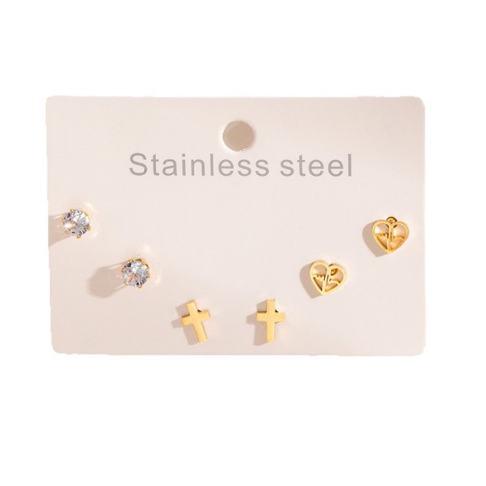 Korean Style Small Earrings Heart Moon Butterfly Cross Earrings Titanium Steel Earrings Stainless Steel Earrings Zircon Set