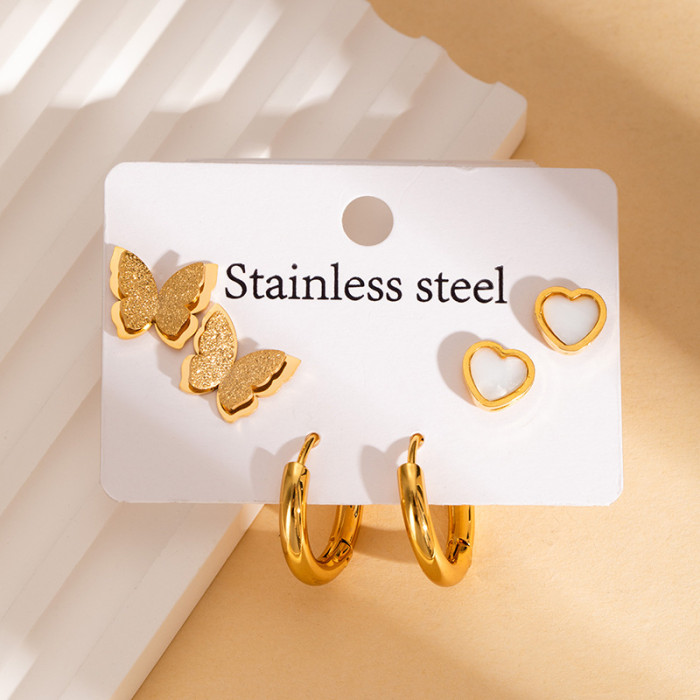 Stainless Steel Earring Set Fashion Four-Leaf Clover Stud Earrings Butterfly Five-Petal Flower Earrings Gold Earrings Non-Fading Ear Jewelry