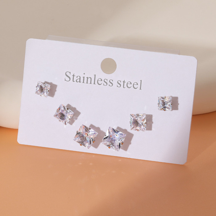 Korean Style Small Ear Studs Super Flash Diamond Stud Earrings round and Square Earrings Small Ear Bone Stud Stainless Steel Studs Earrings