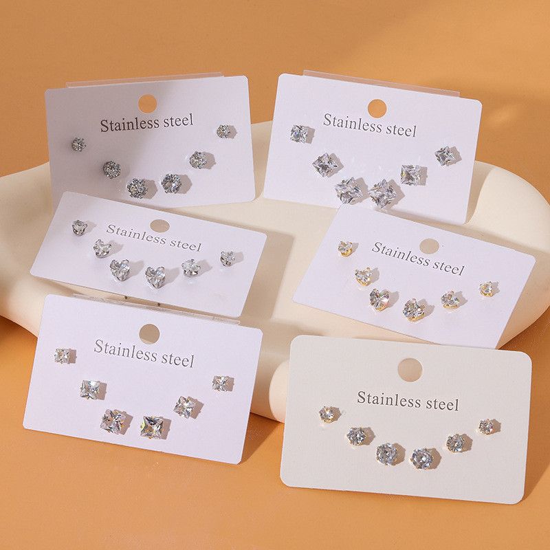 Korean Style Small Ear Studs Super Flash Diamond Stud Earrings round and Square Earrings Small Ear Bone Stud Stainless Steel Studs Earrings