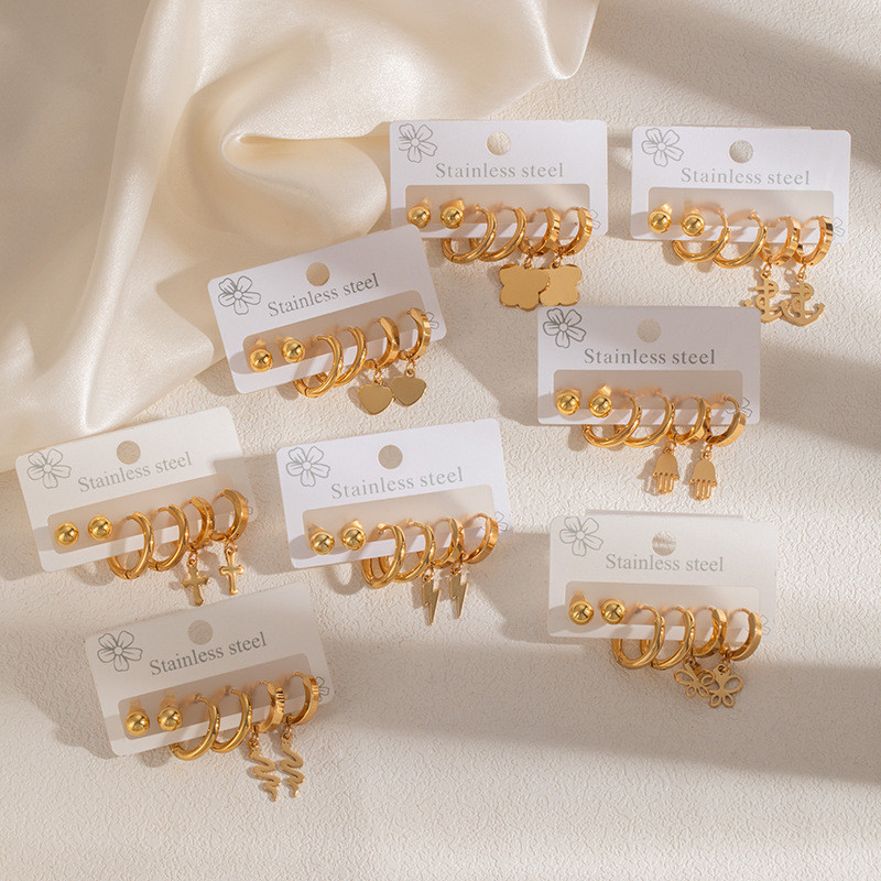 Stainless Steel Earrings Cross-Border European and American Flower Note Butterfly Earrings Suit Ear Ring Love Titanium Steel Ear Studs Female Earrings