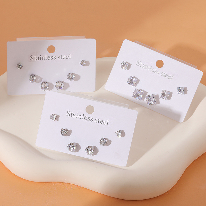 Korean Style Small Ear Studs Super Flash Diamond Stud Earrings round and Square Earrings Small Ear Bone Stud Stainless Steel Studs Earrings
