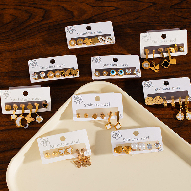 Stainless Steel Earrings Butterfly Zircon Stud Earrings Set Three Pairs Clip-on Hoop Earrings Pearl Heart Pendant Gold Bean Earrings