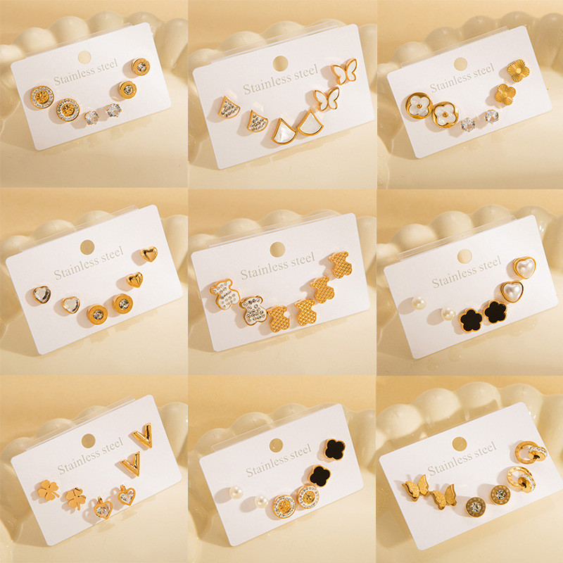 Stainless Steel Four-Leaf Clover Earrings Non-Allergenic Ear Jewelry High-End Pearl Zircon Earrings Roman Numeral Titanium Steel Ear Jewelry