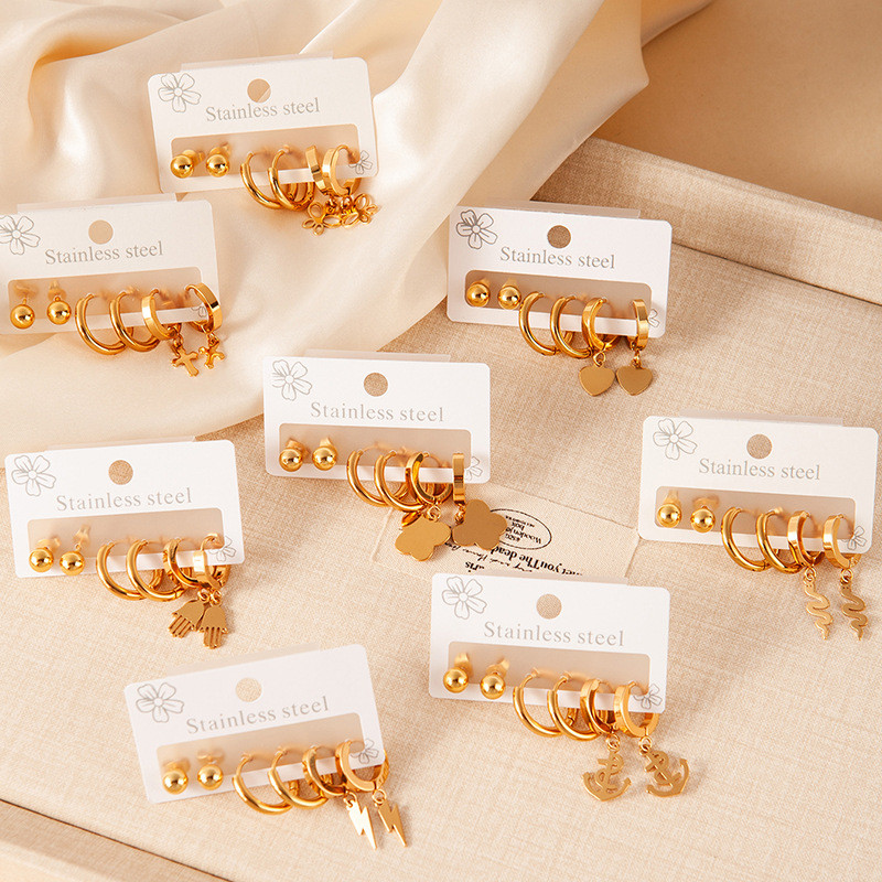 Stainless Steel Earrings Suit Three Pairs of One Card Earrings High Quality Bath Can Be with Earrings Do Not Fade Bean-Shaped Stud Earrings