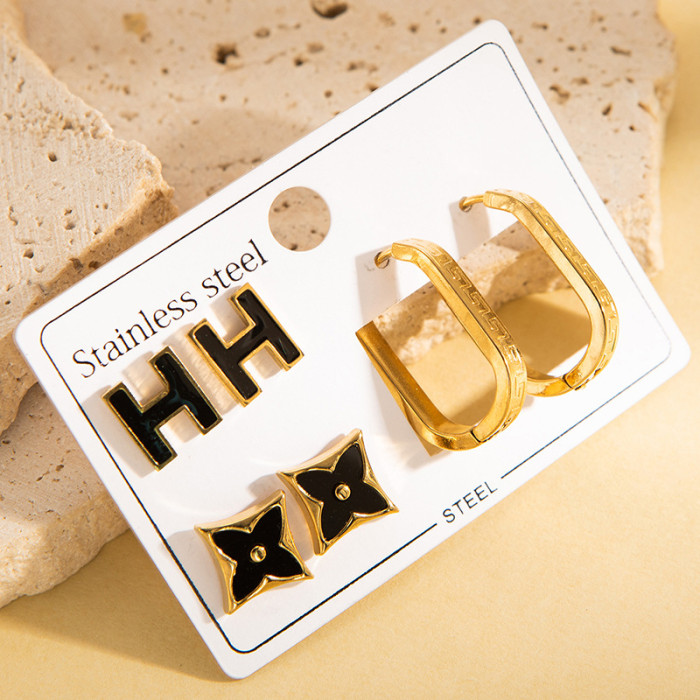 Stainless Steel Earring Set Four-leaf Clover Roman Numeral Stud Earrings Devil's Eye Stud Earrings Titanium Steel 18k Gold Plated Earrings