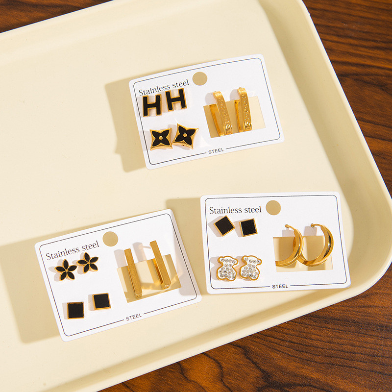 Stainless Steel Studs Suit Evil Eyes Earrings Shell Clover Earrings Heart Shape Rhinestone Stud Earrings Titanium Steel Ear Ring