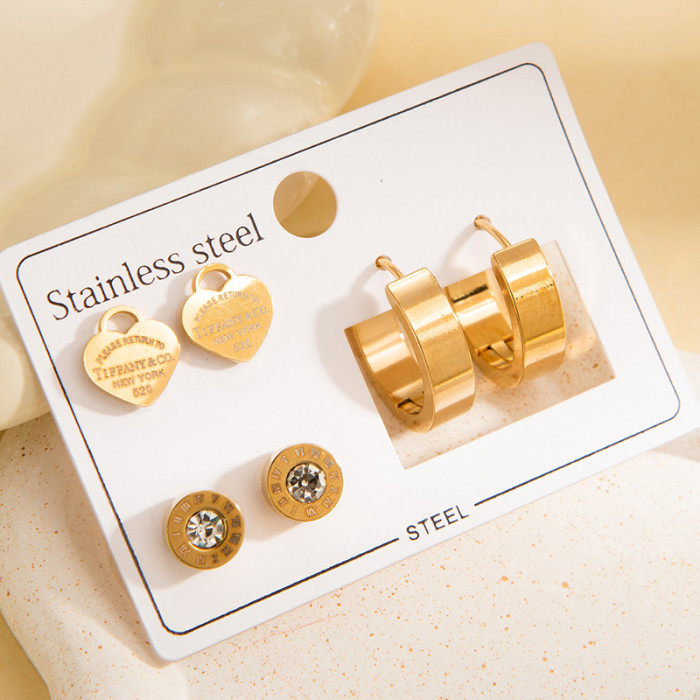 Stainless Steel Earring Set Vintage Pattern Earrings Zircon Heart Studs French Non-Fading Earrings Pearl Ear Jewelry