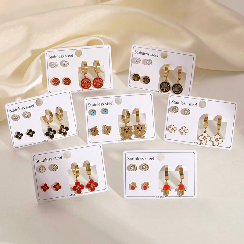 [Titanium Steel] Earrings European and American Cross-Border Tree of Life Heart Owl Vintage Non-Fading Niche Design Earrings for Women