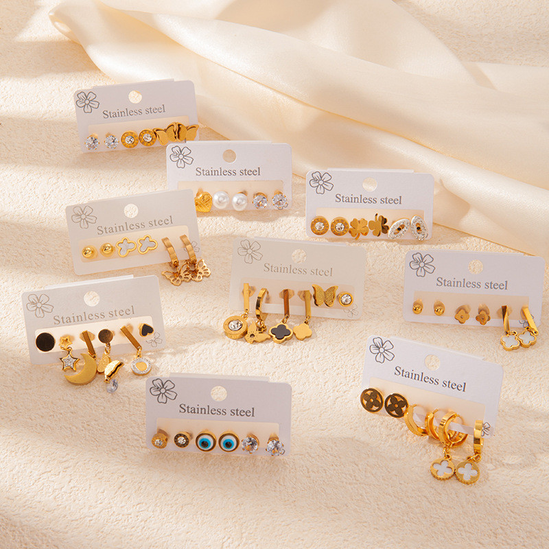 304 Stainless Steel Earrings Golden Set Non-Fading High-Grade Earrings 3 Pairs Set Ear Clover Butterfly Studs