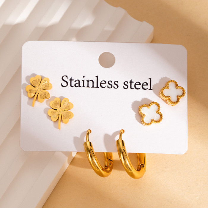 Stainless Steel Earring Set Fashion Four-Leaf Clover Stud Earrings Butterfly Five-Petal Flower Earrings Gold Earrings Non-Fading Ear Jewelry