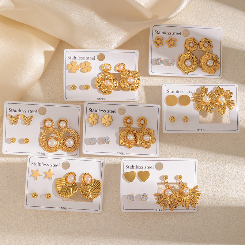 French Earrings Stainless Steel Earrings 18K Gold Plating Non-Fading Earrings Beanie Butterfly Flower Earrings Pearl Earrings