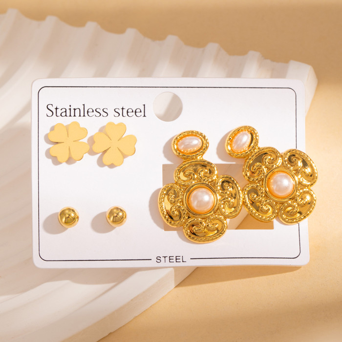 French Earrings Stainless Steel Earrings 18K Gold Plating Non-Fading Earrings Beanie Butterfly Flower Earrings Pearl Earrings