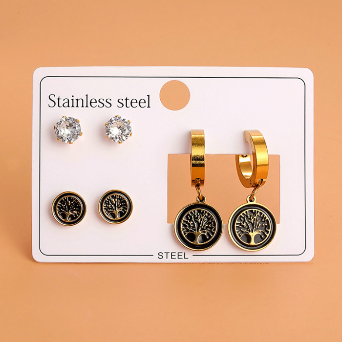 [Titanium Steel] Earrings European and American Cross-Border Tree of Life Heart Owl Vintage Non-Fading Niche Design Earrings for Women