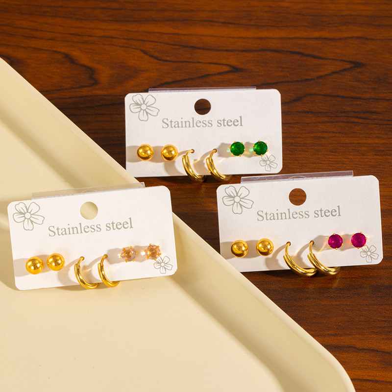 Fashion Titanium Steel Colorful Round Diamond Earrings High-end Gold-plated Zircon Studs Round Hoop Earrings Non-fading Bead Earrings