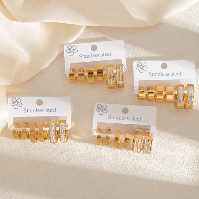 Stainless Steel Earring Set Gold Color Non-Fading High-End Feel Earrings 3 Pairs Set with Small Diamonds Hoop Earrings 18K Gold Plated Earrings