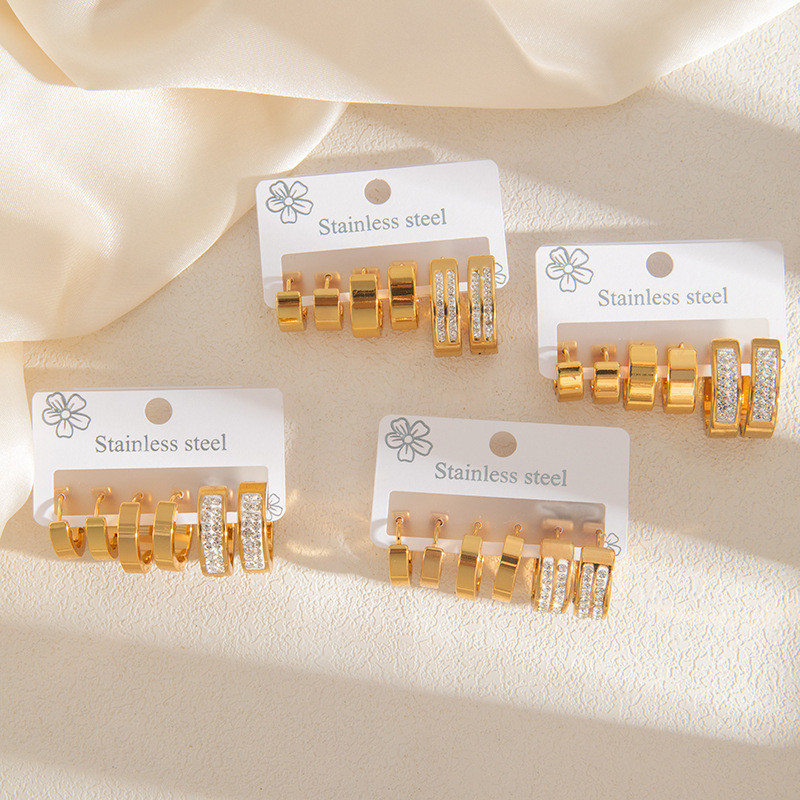 Stainless Steel Earring Set Gold Color Non-Fading High-End Feel Earrings 3 Pairs Set with Small Diamonds Hoop Earrings 18K Gold Plated Earrings