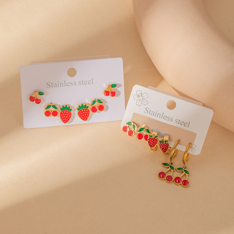 Summer Colorful Strawberry Cherry Earrings Stainless Steel Earrings Oil Drop Earrings Three-Pair Earring Set Sweet Small Earrings