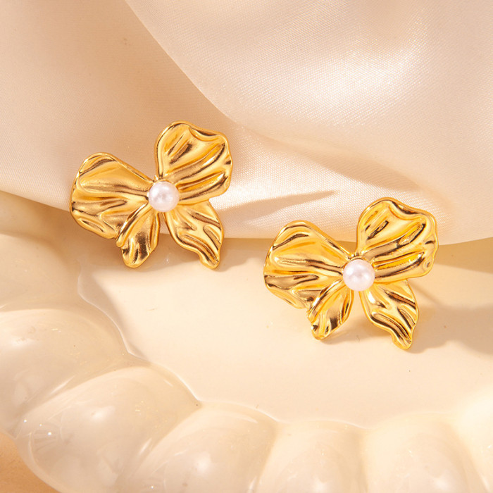 Style Stainless Steel Earrings Bowknot Pearl Ear Jewelry Flower Stud Earrings Non-Fading High-Quality Earrings Gold f...
