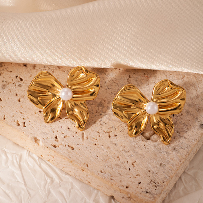 Stainless Steel Earrings French Pearl Earrings Bowknot Flower Sweet Butterfly Earrings Half Circle Hoop Titanium Stee...