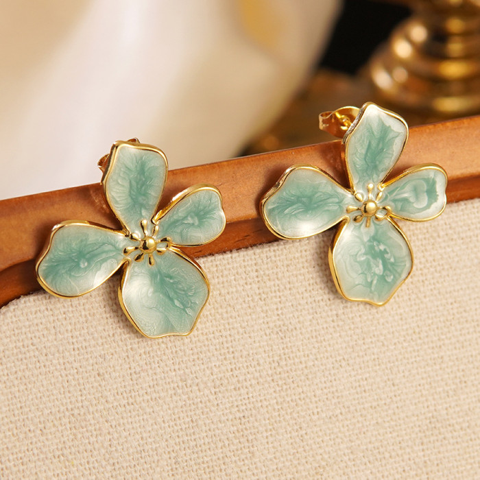 Stainless Steel Earrings Cherry Blossom Enamel Drip Glazed Earrings Stud Earrings for Women Vintage Dignified Flowers...