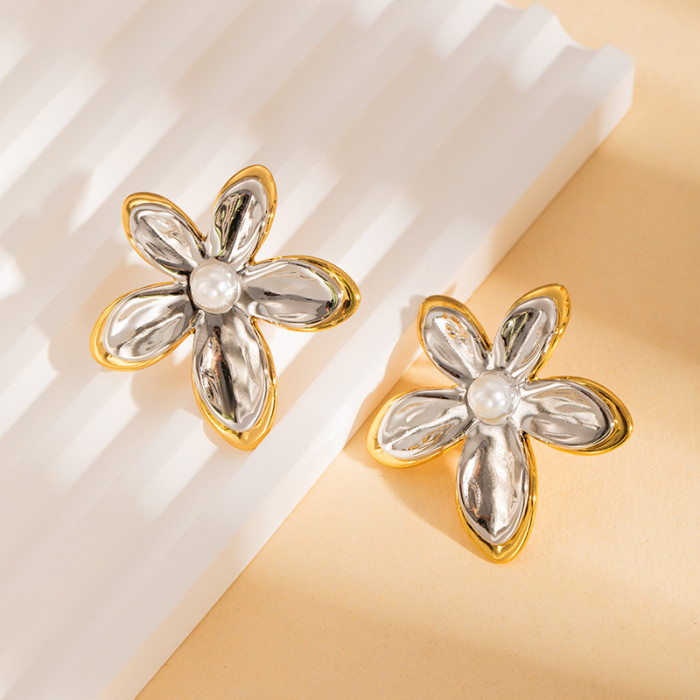 Stainless Steel Earrings Ornament 18K Gold Ear-Ring Clip Real Gold Electroplated Earrings Butterfly Flower Pearl Earr...