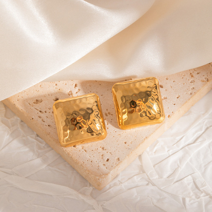 French Style Stainless Steel Earrings High-Grade 18K Gold Plating Ear Studs Non-Fading Earrings Round and Square Glos...