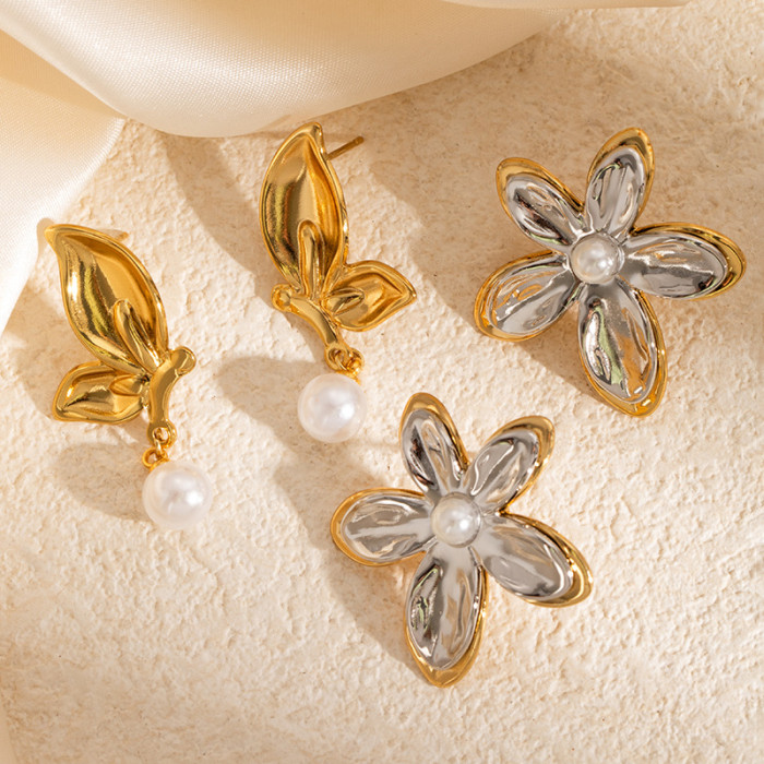 Stainless Steel Earrings Ornament 18K Gold Ear-Ring Clip Real Gold Electroplated Earrings Butterfly Flower Pearl Earr...