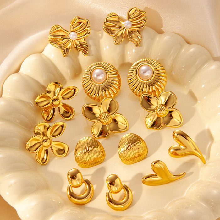 Style Stainless Steel Earrings Bowknot Pearl Ear Jewelry Flower Stud Earrings Non-Fading High-Quality Earrings Gold f...