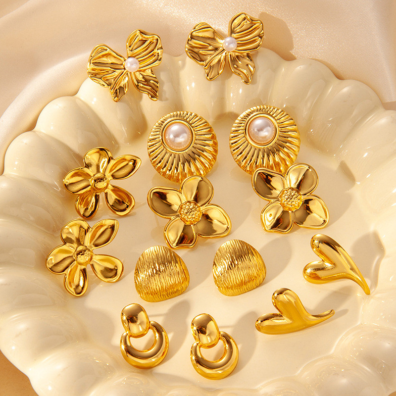 European and American Style Stainless Steel Earrings Bowknot Pearl Ear Jewelry Flower Stud Earrings Non-Fading High-Quality Earrings Gold for Women