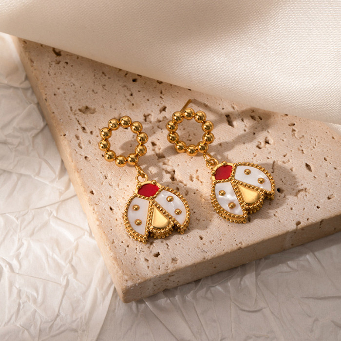 High Version Ladybug Earrings Stainless Steel Acrylic Ear Jewelry High-end Seven-star Ladybug Stud Earrings French St...