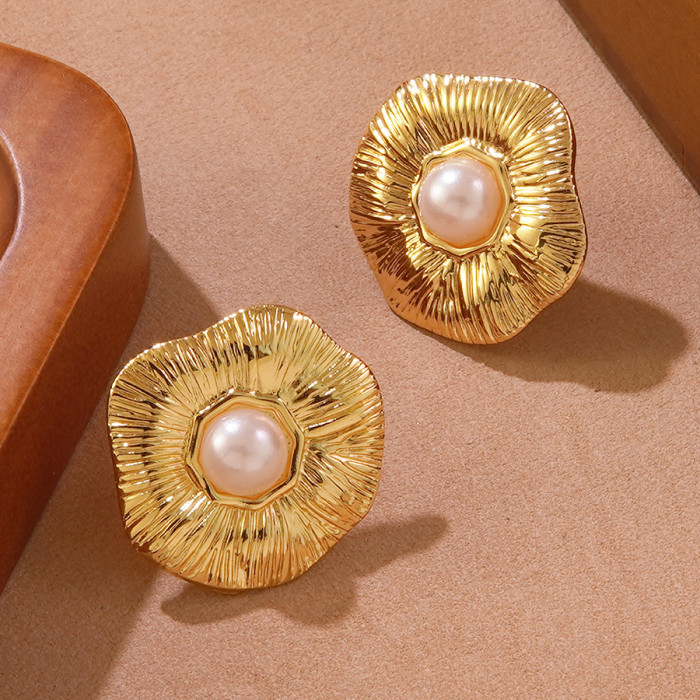 Stainless Steel Earrings Flower Texture Geometric Pearl Niche Exaggerated Personality Light Luxury Earrings Titanium...