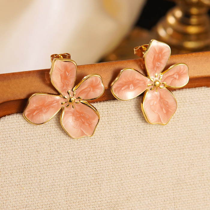 Stainless Steel Earrings Cherry Blossom Enamel Drip Glazed Earrings Stud Earrings for Women Vintage Dignified Flowers...